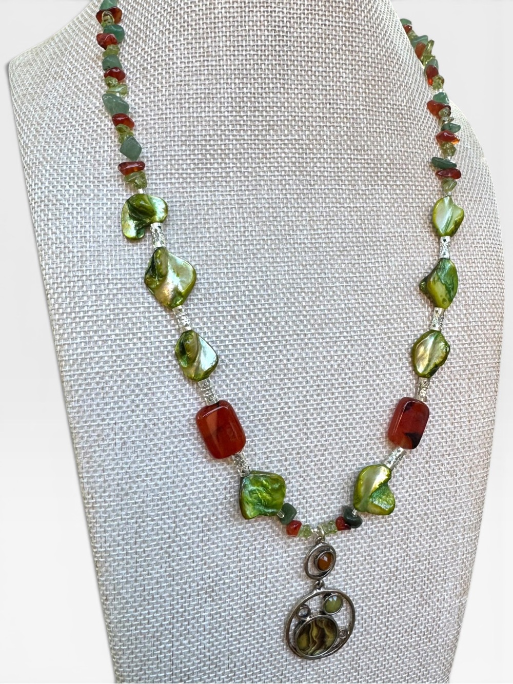 Artisan Green Mother of Pearl, Peridot, Carnelian & Aventurine Pendant Necklace - Picture 6 of 10